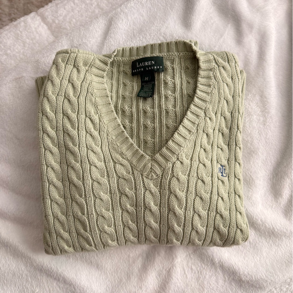 Ralph Lauren Men's V-Neck Cable Knit Sweater - light sage